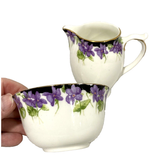 Royal Doulton Open Sugar Bowl & Creamer Violets Motif Set Made in England 1930 - Picture 1 of 13